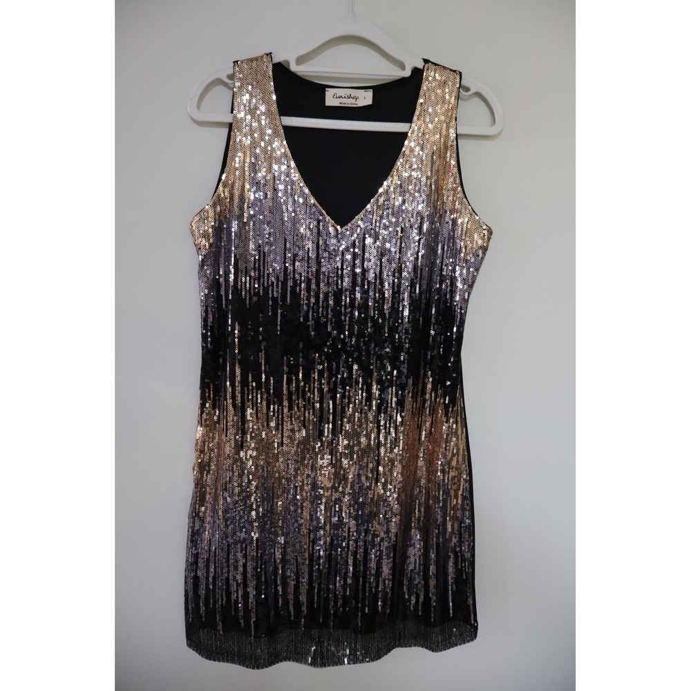 Party Glam Sequin Eunishop Mini Dress L Black Gold Silver V-Neck Sleeveless